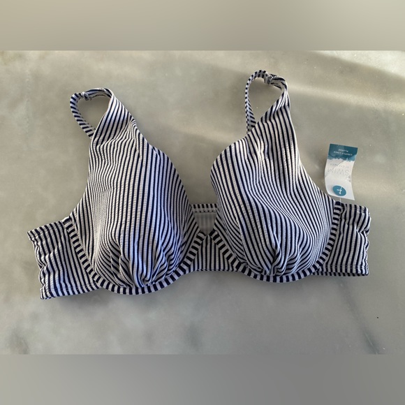 New! Cacique Underwire Seersucker Swim Bikini Top 42D Maritime Blue Seersucker - Picture 4 of 9